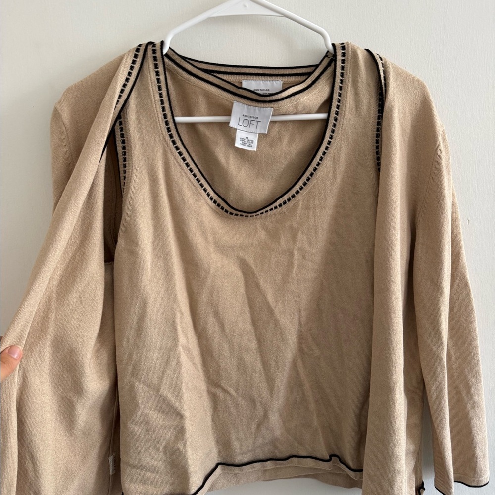 LOFT Beige Sweater and Cardigan Set with Black Trim